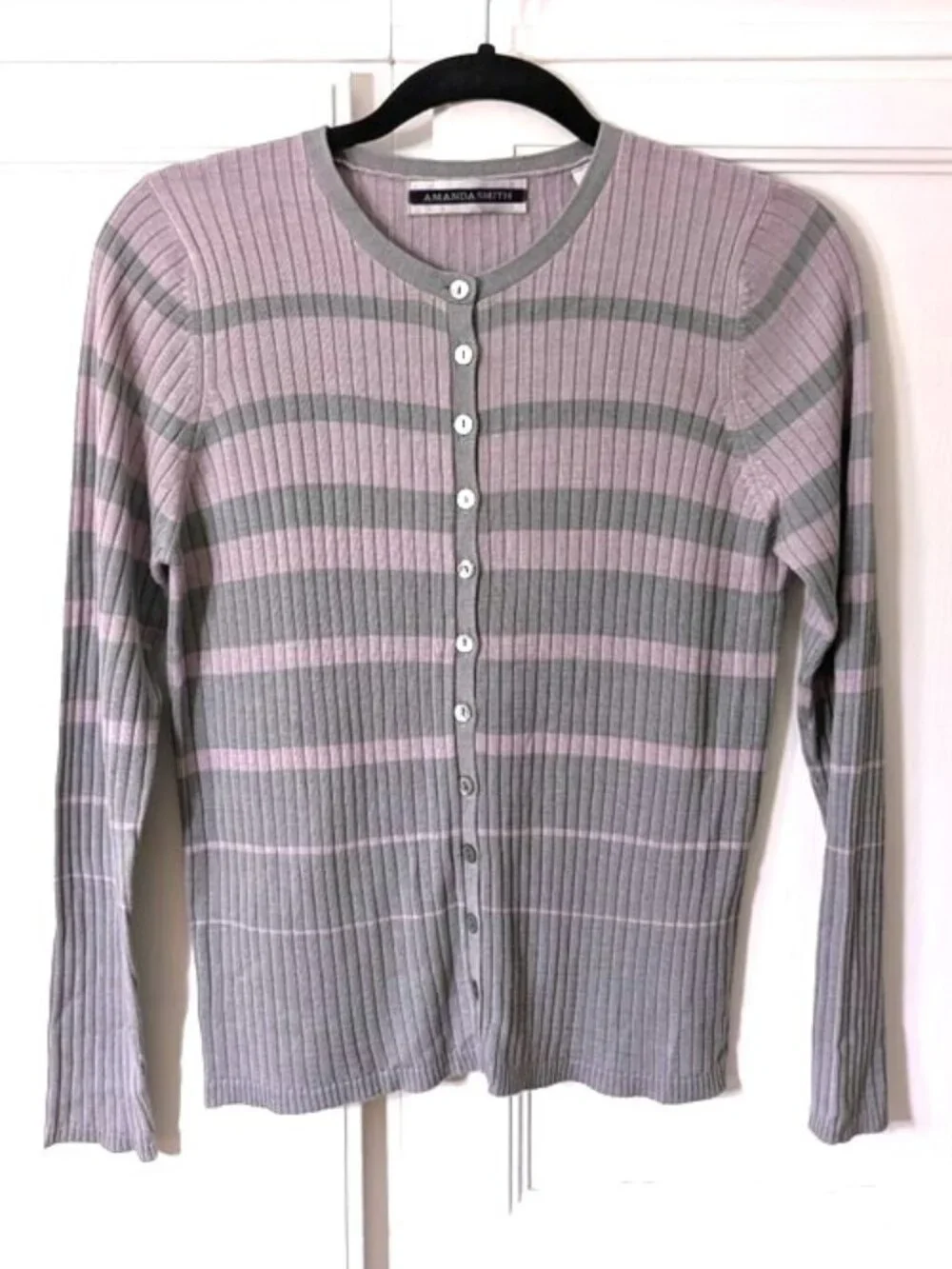 Amanda Smith 100% Silk Gray and‎ Lavender Striped Ribbed Button Cardigan S